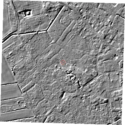Shaded relief map of the ground around PE129EU, computed from Environment Agency LiDAR. The ground here sits at about 3 m above sea level and falls 4 m across the surrounding 800 m. Surface water reaching this point runs off ground lying to the south-east, 2.7 m higher.