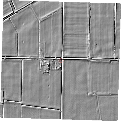 Shaded relief map of the ground around PE129EW, computed from Environment Agency LiDAR. The ground here sits at about 4 m above sea level and falls 3 m across the surrounding 800 m. Surface water reaching this point runs off ground lying to the south-west, 2.7 m higher.