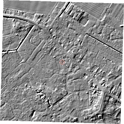 Shaded relief map of the ground around PE129EY, computed from Environment Agency LiDAR. The ground here sits at about 3 m above sea level and falls 6 m across the surrounding 800 m. Surface water reaching this point runs off ground lying to the south-east, 3.2 m higher.