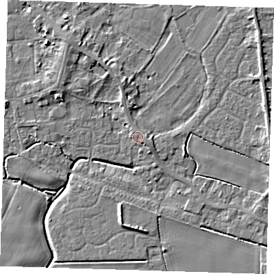 Shaded relief map of the ground around PE129FE, computed from Environment Agency LiDAR. The ground here sits at about 4 m above sea level and falls 5 m across the surrounding 800 m. Surface water reaching this point runs off ground lying to the east-south-east, 1.6 m higher.