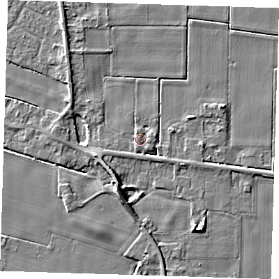 Shaded relief map of the ground around PE129FF, computed from Environment Agency LiDAR. The ground here sits at about 4 m above sea level and falls 7 m across the surrounding 800 m. Surface water reaching this point runs off ground lying to the north-north-west, 1.8 m higher.