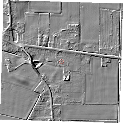 Shaded relief map of the ground around PE129FG, computed from Environment Agency LiDAR. The ground here sits at about 4 m above sea level and falls 7 m across the surrounding 800 m. Surface water reaching this point runs off ground lying to the west, 6.9 m higher.