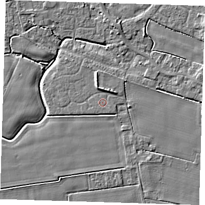 Shaded relief map of the ground around PE129FP, computed from Environment Agency LiDAR. The ground here sits at about 3 m above sea level and falls 4 m across the surrounding 800 m. The ground contributing surface water to this point lies to the south-east.