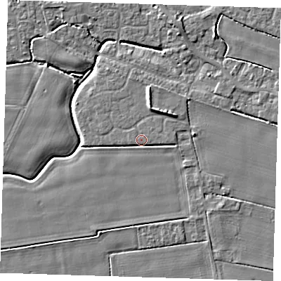 Shaded relief map of the ground around PE129FS, computed from Environment Agency LiDAR. The ground here sits at about 3 m above sea level and falls 4 m across the surrounding 800 m. Surface water reaching this point runs off ground lying to the east, 2.0 m higher.