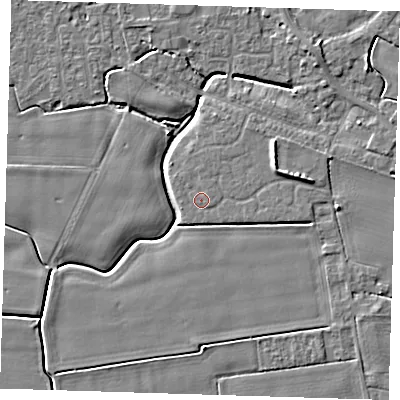 Shaded relief map of the ground around PE129FT, computed from Environment Agency LiDAR. The ground here sits at about 3 m above sea level and falls 4 m across the surrounding 800 m. Surface water reaching this point runs off ground lying to the east-north-east, 1.9 m higher.