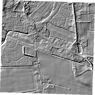 Shaded relief map of the ground around PE129FU, computed from Environment Agency LiDAR. The ground here sits at about 4 m above sea level and falls 8 m across the surrounding 800 m. Surface water reaching this point runs off ground lying to the south-east, 0.8 m higher.