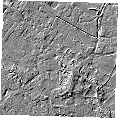 Shaded relief map of the ground around PE129FW, computed from Environment Agency LiDAR. The ground here sits at about 4 m above sea level and falls 6 m across the surrounding 800 m. Surface water reaching this point runs off ground lying to the south-east, 1.1 m higher.