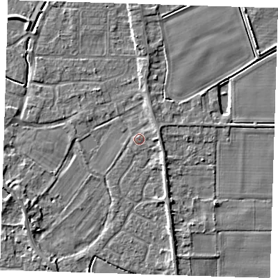 Shaded relief map of the ground around PE129FY, computed from Environment Agency LiDAR. The ground here sits at about 4 m above sea level and falls 5 m across the surrounding 800 m. Surface water reaching this point runs off ground lying to the east-north-east, 1.9 m higher.