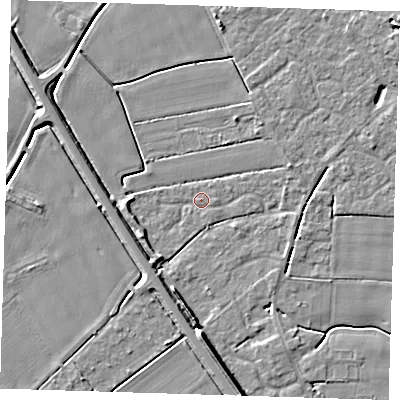 Shaded relief map of the ground around PE129GF, computed from Environment Agency LiDAR. The ground here sits at about 3 m above sea level and falls 6 m across the surrounding 800 m. Surface water reaching this point runs off ground lying to the west-south-west, 2.4 m higher.