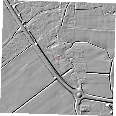Shaded relief map of the ground around PE129GG, computed from Environment Agency LiDAR. The ground here sits at about 3 m above sea level and falls 7 m across the surrounding 800 m. Surface water reaching this point runs off ground lying to the south-south-west, 4.5 m higher.