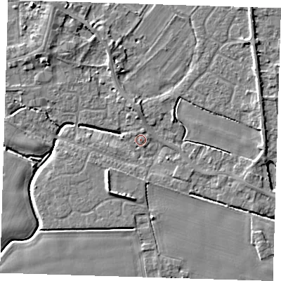 Shaded relief map of the ground around PE129GL, computed from Environment Agency LiDAR. The ground here sits at about 3 m above sea level and falls 5 m across the surrounding 800 m. Surface water reaching this point runs off ground lying to the north-north-east, 1.5 m higher.