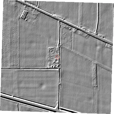 Shaded relief map of the ground around PE129GT, computed from Environment Agency LiDAR. The ground here sits at about 4 m above sea level and falls 3 m across the surrounding 800 m. The ground contributing surface water to this point lies to the south-west.
