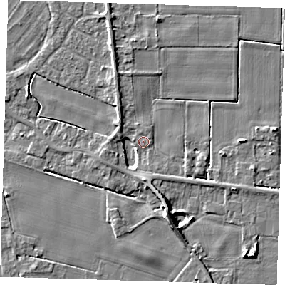 Shaded relief map of the ground around PE129GW, computed from Environment Agency LiDAR. The ground here sits at about 4 m above sea level and falls 7 m across the surrounding 800 m. Surface water reaching this point runs off ground lying to the south, 4.1 m higher.
