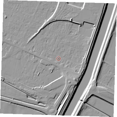 Shaded relief map of the ground around PE129GY, computed from Environment Agency LiDAR. The ground here sits at about 4 m above sea level and falls 11 m across the surrounding 800 m. Surface water reaching this point runs off ground lying to the south-east, 5.5 m higher.