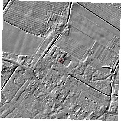 Shaded relief map of the ground around PE129GZ, computed from Environment Agency LiDAR. The ground here sits at about 3 m above sea level and falls 4 m across the surrounding 800 m. Surface water reaching this point runs off ground lying to the north, 2.2 m higher.