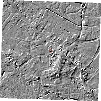 Shaded relief map of the ground around PE129HA, computed from Environment Agency LiDAR. The ground here sits at about 4 m above sea level and falls 6 m across the surrounding 800 m. Surface water reaching this point runs off ground lying to the east-north-east, 1.5 m higher.