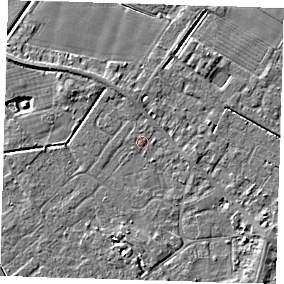 Shaded relief map of the ground around PE129HH, computed from Environment Agency LiDAR. The ground here sits at about 3 m above sea level and falls 6 m across the surrounding 800 m. Surface water reaching this point runs off ground lying to the south-east, 3.2 m higher.