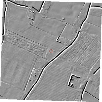 Shaded relief map of the ground around PE129HL, computed from Environment Agency LiDAR. The ground here sits at about 3 m above sea level and falls 7 m across the surrounding 800 m. Surface water reaching this point runs off ground lying to the west, 1.1 m higher.