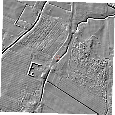 Shaded relief map of the ground around PE129HQ, computed from Environment Agency LiDAR. The ground here sits at about 3 m above sea level and falls 7 m across the surrounding 800 m. Surface water reaching this point runs off ground lying to the south-east, 3.2 m higher.