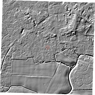Shaded relief map of the ground around PE129HX, computed from Environment Agency LiDAR. The ground here sits at about 3 m above sea level and falls 6 m across the surrounding 800 m. Surface water reaching this point runs off ground lying to the east, 0.5 m higher.