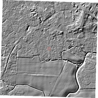 Shaded relief map of the ground around PE129HY, computed from Environment Agency LiDAR. The ground here sits at about 3 m above sea level and falls 6 m across the surrounding 800 m. The ground contributing surface water to this point lies to the north-east.