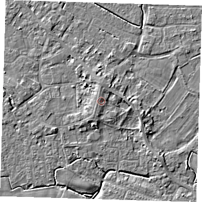 Shaded relief map of the ground around PE129JA, computed from Environment Agency LiDAR. The ground here sits at about 5 m above sea level and falls 5 m across the surrounding 800 m. Surface water reaching this point runs off ground lying to the north, 1.4 m higher.