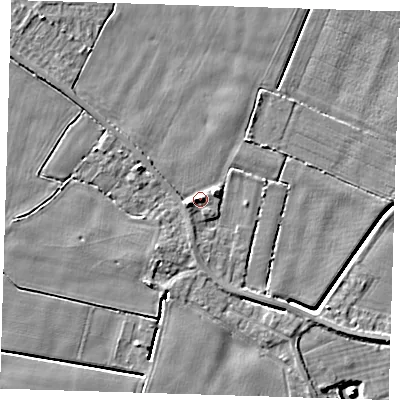 Shaded relief map of the ground around PE129JB, computed from Environment Agency LiDAR. The ground here sits at about 4 m above sea level and falls 5 m across the surrounding 800 m. Surface water reaching this point runs off ground lying to the west-south-west, 2.6 m higher.