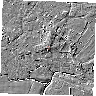 Shaded relief map of the ground around PE129JD, computed from Environment Agency LiDAR. The ground here sits at about 4 m above sea level and falls 6 m across the surrounding 800 m. Surface water reaching this point runs off ground lying to the west-south-west, 1.4 m higher.