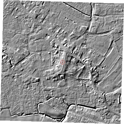 Shaded relief map of the ground around PE129JF, computed from Environment Agency LiDAR. The ground here sits at about 4 m above sea level and falls 6 m across the surrounding 800 m. Surface water reaching this point runs off ground lying to the east, 1.3 m higher.