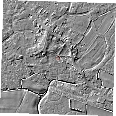 Shaded relief map of the ground around PE129JJ, computed from Environment Agency LiDAR. The ground here sits at about 3 m above sea level and falls 5 m across the surrounding 800 m. Surface water reaching this point runs off ground lying to the north, 1.2 m higher.