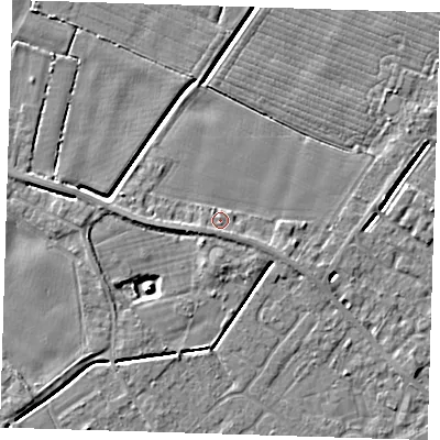Shaded relief map of the ground around PE129JN, computed from Environment Agency LiDAR. The ground here sits at about 3 m above sea level and falls 4 m across the surrounding 800 m. Surface water reaching this point runs off ground lying to the east-south-east, 1.6 m higher.