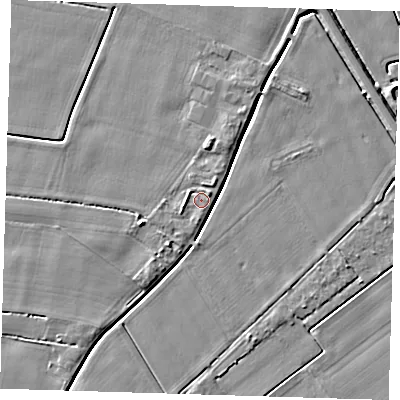 Shaded relief map of the ground around PE129JP, computed from Environment Agency LiDAR. The ground here sits at about 3 m above sea level and falls 4 m across the surrounding 800 m. Surface water reaching this point runs off ground lying to the west-south-west, 1.3 m higher.