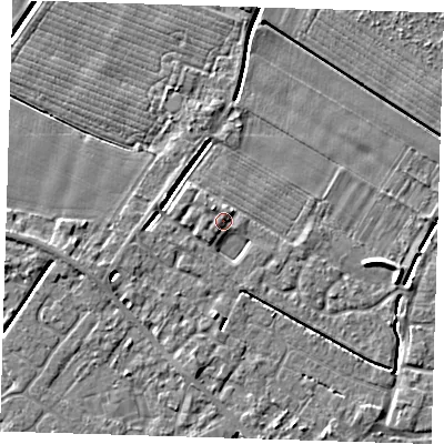 Shaded relief map of the ground around PE129JQ, computed from Environment Agency LiDAR. The ground here sits at about 3 m above sea level and falls 4 m across the surrounding 800 m. Surface water reaching this point runs off ground lying to the north-west, 1.7 m higher.