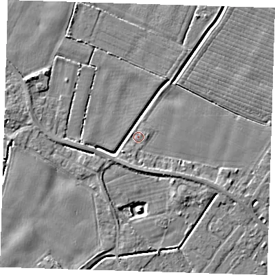 Shaded relief map of the ground around PE129JS, computed from Environment Agency LiDAR. The ground here sits at about 3 m above sea level and falls 5 m across the surrounding 800 m. Surface water reaching this point runs off ground lying to the south-west, 3.6 m higher.