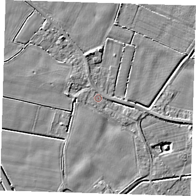 Shaded relief map of the ground around PE129JT, computed from Environment Agency LiDAR. The ground here sits at about 3 m above sea level and falls 5 m across the surrounding 800 m. Surface water reaching this point runs off ground lying to the west, 1.4 m higher.