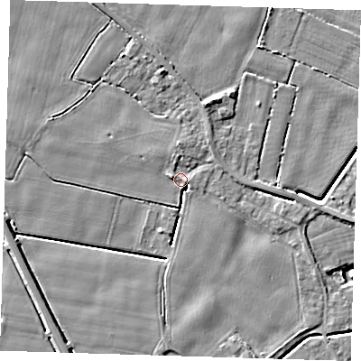 Shaded relief map of the ground around PE129JX, computed from Environment Agency LiDAR. The ground here sits at about 3 m above sea level and falls 5 m across the surrounding 800 m. Surface water reaching this point runs off ground lying to the west-north-west, 1.4 m higher.