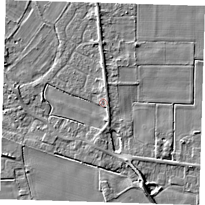 Shaded relief map of the ground around PE129LA, computed from Environment Agency LiDAR. The ground here sits at about 4 m above sea level and falls 8 m across the surrounding 800 m. Surface water reaching this point runs off ground lying to the south-east, 3.4 m higher.