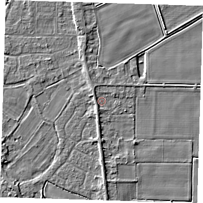 Shaded relief map of the ground around PE129LB, computed from Environment Agency LiDAR. The ground here sits at about 4 m above sea level and falls 5 m across the surrounding 800 m. Surface water reaching this point runs off ground lying to the north-west, 1.3 m higher.