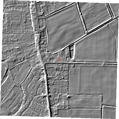 Shaded relief map of the ground around PE129LD, computed from Environment Agency LiDAR. The ground here sits at about 4 m above sea level and falls 4 m across the surrounding 800 m. The ground contributing surface water to this point lies to the south-south-west.