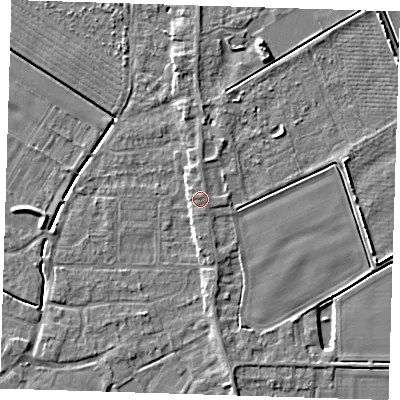 Shaded relief map of the ground around PE129LE, computed from Environment Agency LiDAR. The ground here sits at about 4 m above sea level and falls 6 m across the surrounding 800 m. The ground contributing surface water to this point lies to the north-west.