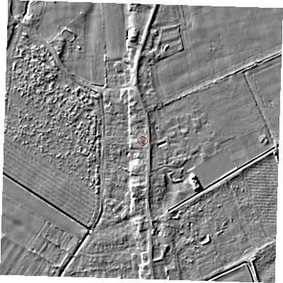 Shaded relief map of the ground around PE129LF, computed from Environment Agency LiDAR. The ground here sits at about 4 m above sea level and falls 6 m across the surrounding 800 m. Surface water reaching this point runs off ground lying to the north-north-east, 0.6 m higher.