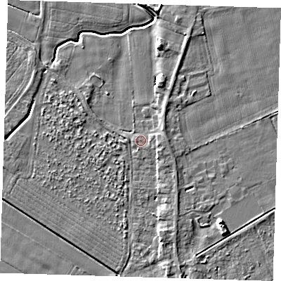 Shaded relief map of the ground around PE129LG, computed from Environment Agency LiDAR. The ground here sits at about 3 m above sea level and falls 6 m across the surrounding 800 m. Surface water reaching this point runs off ground lying to the east-north-east, 1.6 m higher.