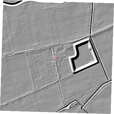 Shaded relief map of the ground around PE129LH, computed from Environment Agency LiDAR. The ground here sits at about 4 m above sea level and falls 7 m across the surrounding 800 m. The ground contributing surface water to this point lies to the west.