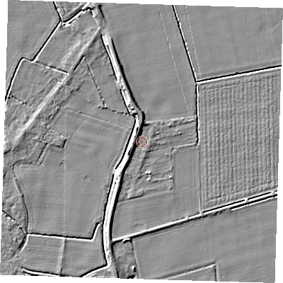Shaded relief map of the ground around PE129LJ, computed from Environment Agency LiDAR. The ground here sits at about 4 m above sea level and falls 6 m across the surrounding 800 m. Surface water reaching this point runs off ground lying to the west, 2.5 m higher.