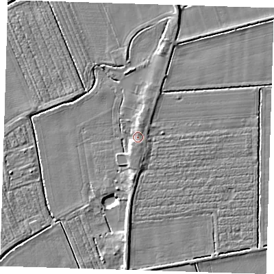 Shaded relief map of the ground around PE129LL, computed from Environment Agency LiDAR. The ground here sits at about 4 m above sea level and falls 5 m across the surrounding 800 m. Surface water reaching this point runs off ground lying to the north-north-east, 1.8 m higher.