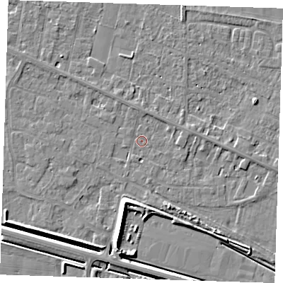 Shaded relief map of the ground around PE129LP, computed from Environment Agency LiDAR. The ground here sits at about 4 m above sea level and falls 7 m across the surrounding 800 m. Surface water reaching this point runs off ground lying to the north-north-east, 1.3 m higher.