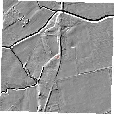 Shaded relief map of the ground around PE129LQ, computed from Environment Agency LiDAR. The ground here sits at about 4 m above sea level and falls 7 m across the surrounding 800 m. Surface water reaching this point runs off ground lying to the north-north-east, 3.8 m higher.