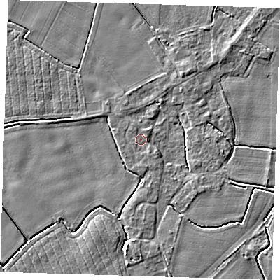 Shaded relief map of the ground around PE129LS, computed from Environment Agency LiDAR. The ground here sits at about 3 m above sea level and falls 4 m across the surrounding 800 m. Surface water reaching this point runs off ground lying to the north-north-east, 0.8 m higher.
