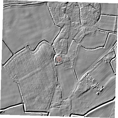 Shaded relief map of the ground around PE129LU, computed from Environment Agency LiDAR. The ground here sits at about 4 m above sea level and falls 5 m across the surrounding 800 m. Surface water reaching this point runs off ground lying to the west, 0.8 m higher.