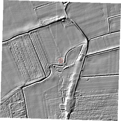 Shaded relief map of the ground around PE129LW, computed from Environment Agency LiDAR. The ground here sits at about 3 m above sea level and falls 4 m across the surrounding 800 m. Surface water reaching this point runs off ground lying to the east, 1.0 m higher.